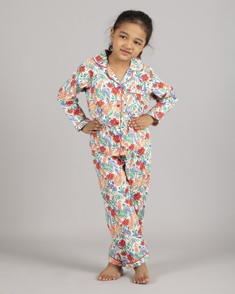 Buy Brown Cotton Hand Printed Ogee And Floral Kaftan & Pant Nightwear Set  For Women by Pheeta Online at Aza Fashions.