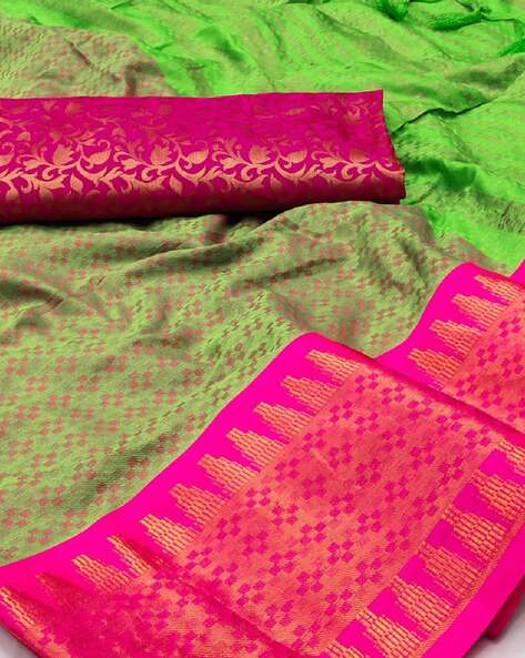 peachmode green traditional women geometric woven saree with contrast border