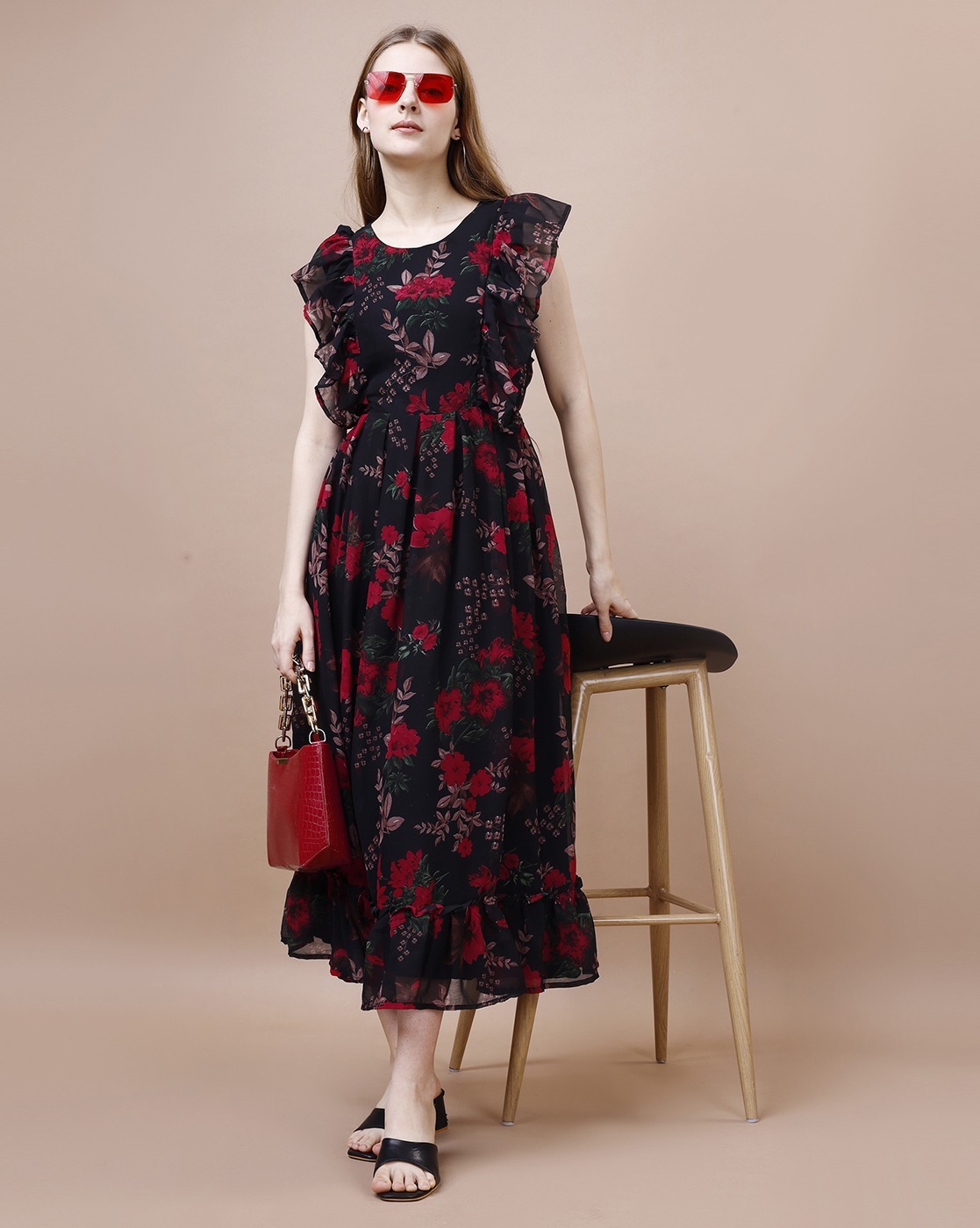 Buy Rain & Rainbow Women Red Floral Printed Pure Cotton A-line Knee Length  Dress online