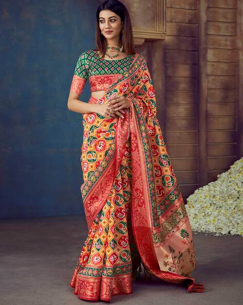 Green and Red Modal Silk Patola Print Saree and Blouse | ViBha