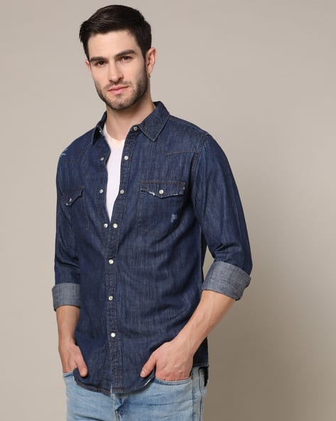 Men Distressed Slim Fit Denim Shirt - Main Image