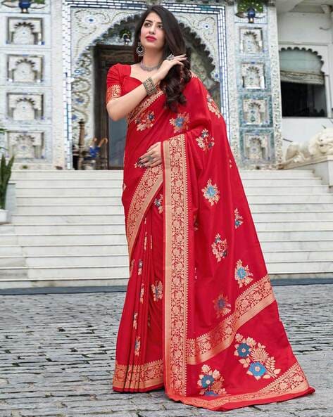 Wine Woven Banarasi Silk Saree With Tassels