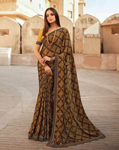 Arresting Brown Colored Festive Wear Beautiful Floral Printed Organza  Jacquard Silk Saree