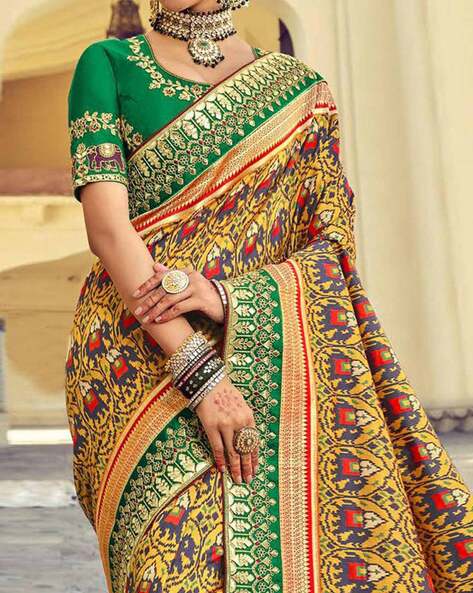 Yellow Patola Silk Printed Saree With Blouse Piece GG000009 -  www.gograbo.com
