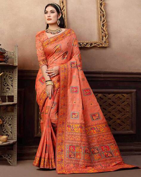 Multicolored Casual Wear Floral Printed Art Silk Saree - Peachmode