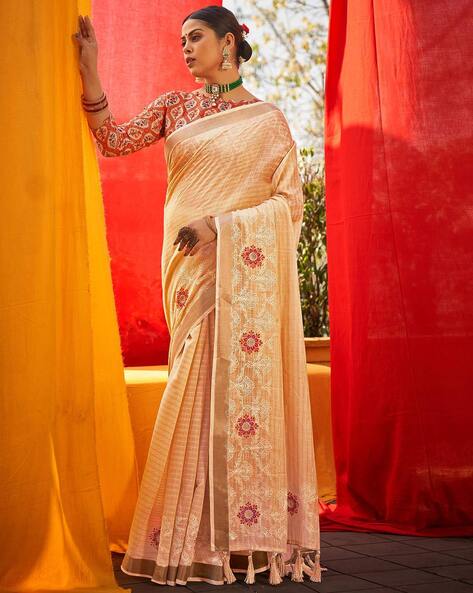 Cream & Red Half N Half Woven Satin Saree 4672SR13