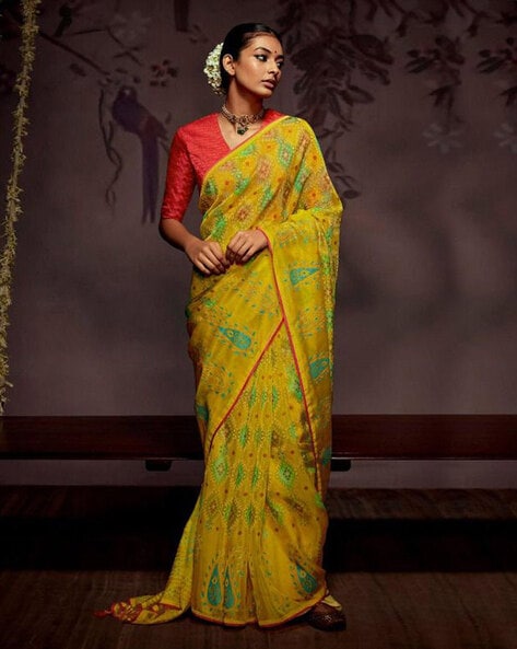 Yellow printed brasso saree with blouse - Triveni - 3730482