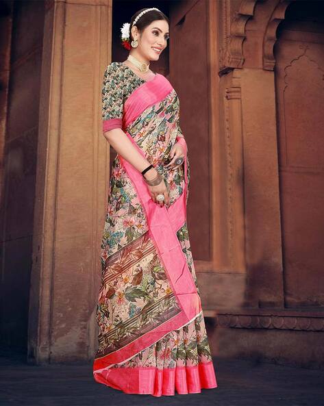 Beige Patola Printed Cotton Silk Saree With Tassels