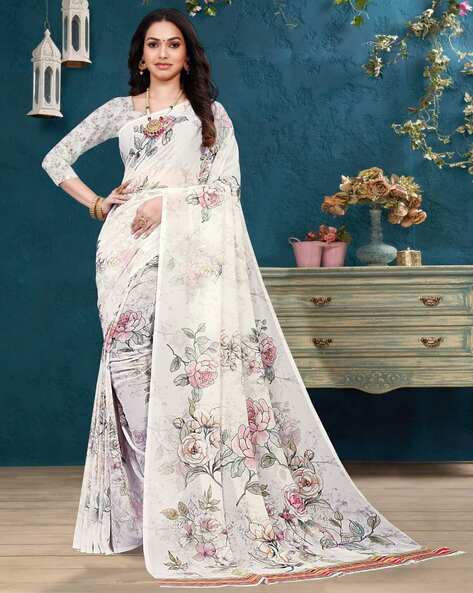 Party Wear white Chiffon Floral Printed Saree, 6.3 m (with blouse piece) at  Rs 699/piece in Surat