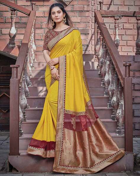 Yellow jacquard georgette lehriya pattern party wear saree with blouse -  Flourious - 4173195