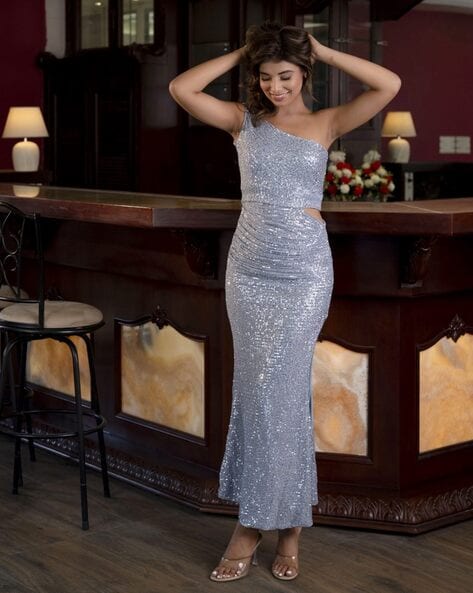 Buy SILVER SLIM SEQUIN BANDEAU DRESS for Women Online in India
