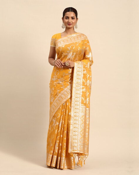 Peachmode Offwhite Floral Embroidered Art Silk Saree : Amazon.in: Fashion