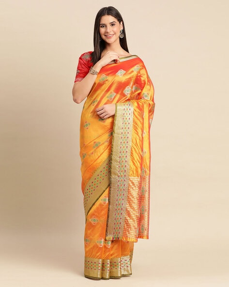 Yellow Solid With Embroidered Border Organza Saree