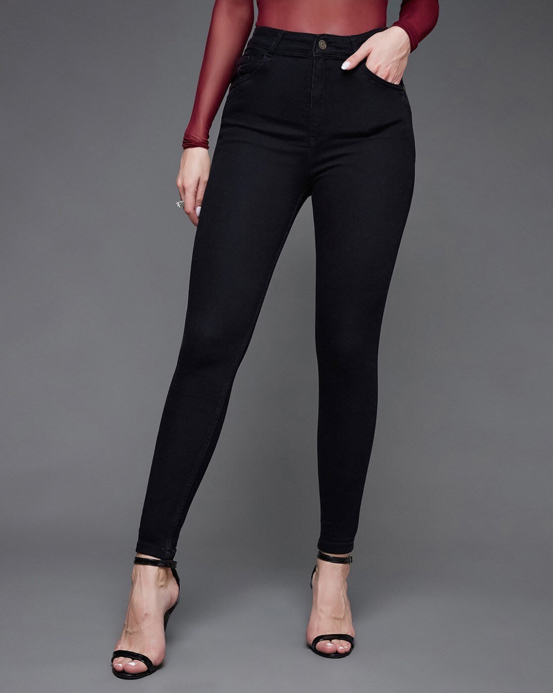 Women's Navy Blue Cotton Solid Skinny Jeans