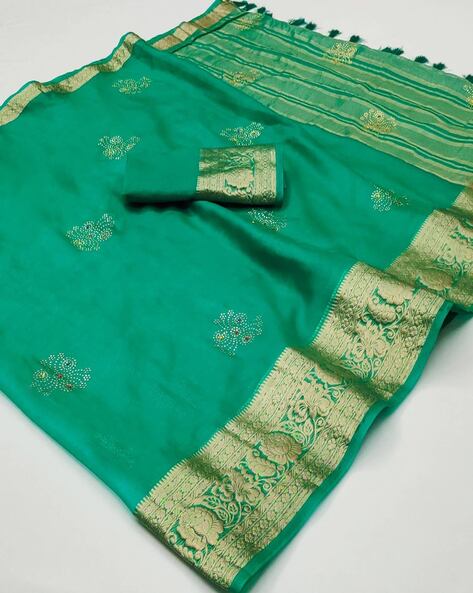 Peachmode Cream Embroidered Assam Silk Saree : Amazon.in: Fashion