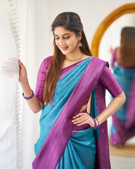 Buy Nargis Saree Pebble Blue Fiza Blouse in Aqua Blue by Designer PITA -  NILA Online at Ogaan.com