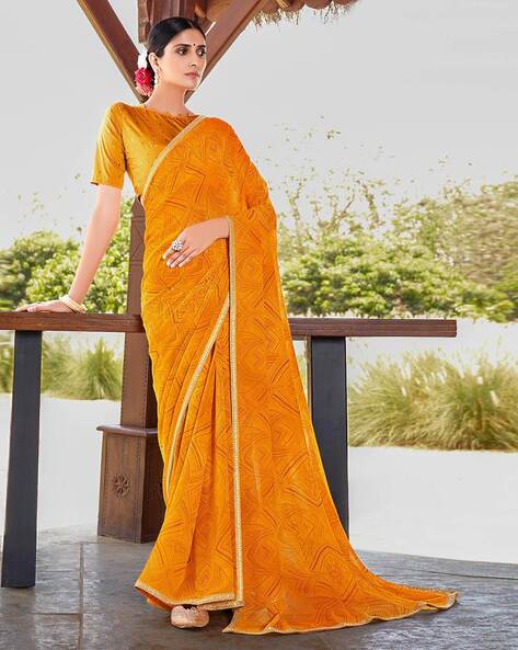 Embroidered Blouse With Yellow Satin Saree 4082SR13