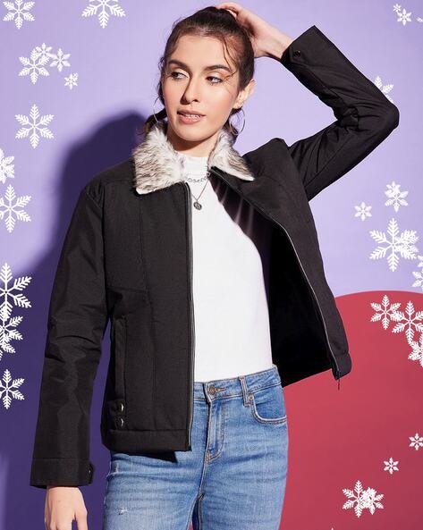 Women Regular Fit Jacket with Fur Collar