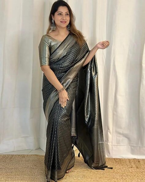 Buy BANARASI PATOLA Black With Silver Zari Work Tissue Silk Saree And  Jacquard Woven Traditional Design In Borders With Blouse Piece | Shoppers  Stop
