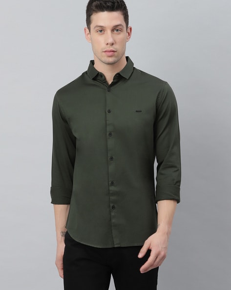 BLUEBIRD MEN'S OLIVE GREEN COTTON LYCRA FORMAL SHIRT | Veshbhoshaa