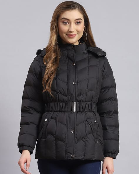Women Quilted Regular Fit Hooded Puffer Jacket with Belt