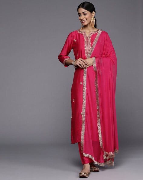 SVARAA Women Embroidered Straight Kurta with Pants & Dupatta