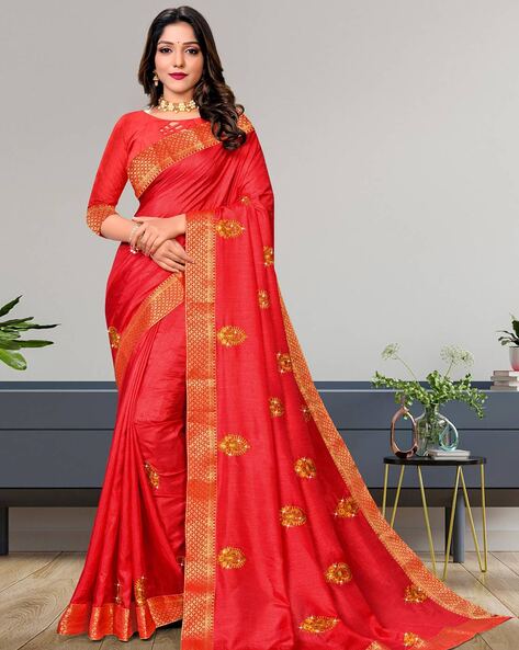 Peach Floral Printed With Embroidered Border Georgette Saree