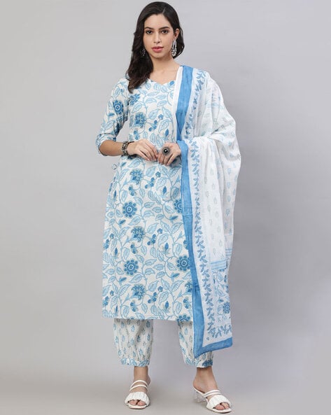 Women Floral Print Straight Kurta & Pants with Dupatta Price in India