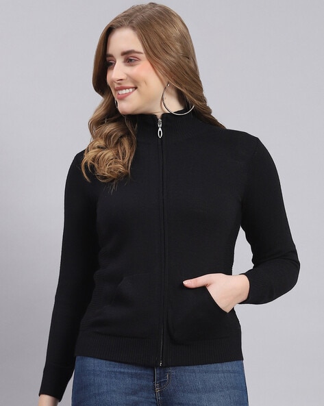 Women Zip Front Cardigan with Insert Pockets