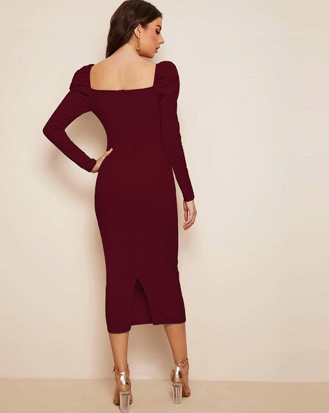 Regular Fit Burgundy Square Neck Ruched Puff Sleeve Short Dress at Rs  1579/piece in Kapurthala