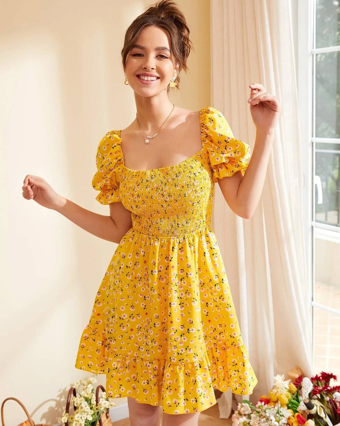 French Elegant Floral Midi Dress With Puff Sleeves Beach Style Floral  Evening Dress For Women, Korean Fashion 2023 Summer Design From Mantle,  $23.81 | DHgate.Com