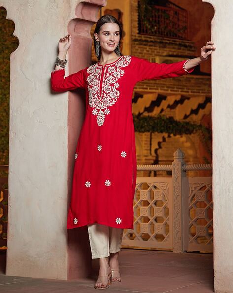 Embroidered Straight Kurta with 3/4th Sleeves