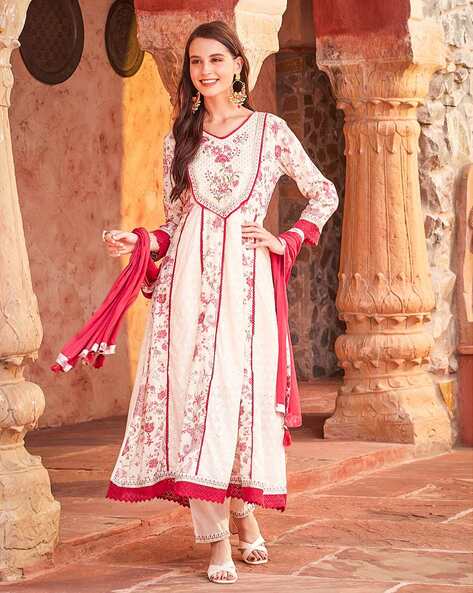 Buy Off White Lace Cotton Dobby Anarkali Suit with Mulmul Dupatta - Set of  3 | SHO91/SHHD2 | The loom