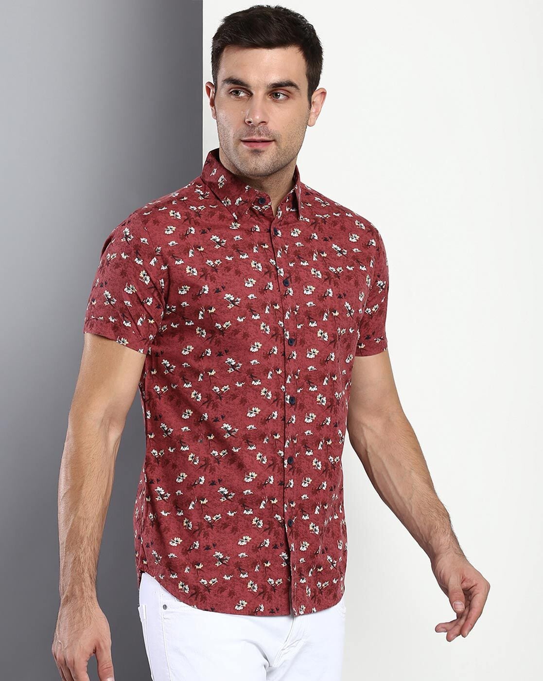 Printed Cherry Red Mens Casual Wear Cotton Shirt, Size: M-4xl at
