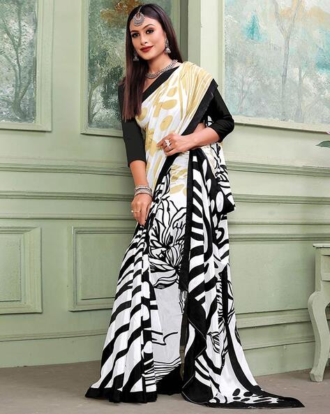 Buy Black And White Shaded Saree In Satin With Striped And Floral Print  Online - Kalki Fashion