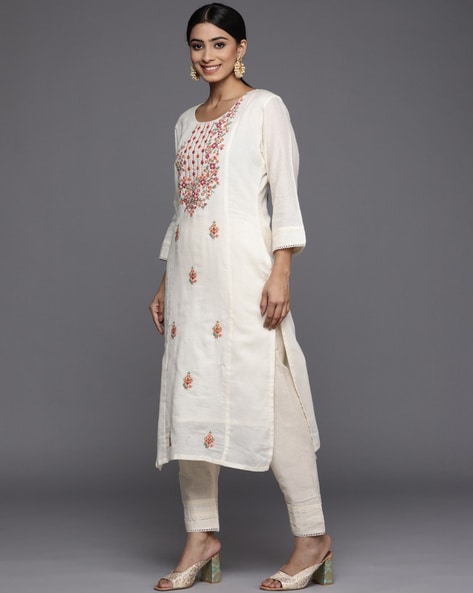 Buy Vaani Vastram Women's Embroidered Alia Cut Kurta and Dupatta Set  (Large) White at