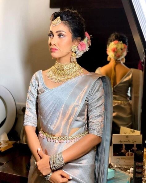 Viti Sharara Saree - Silver Color Sharara Saree with attached Pallu