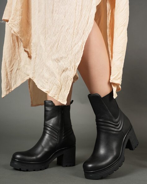 Glossy Lace-Up Boots with Chunky Heels