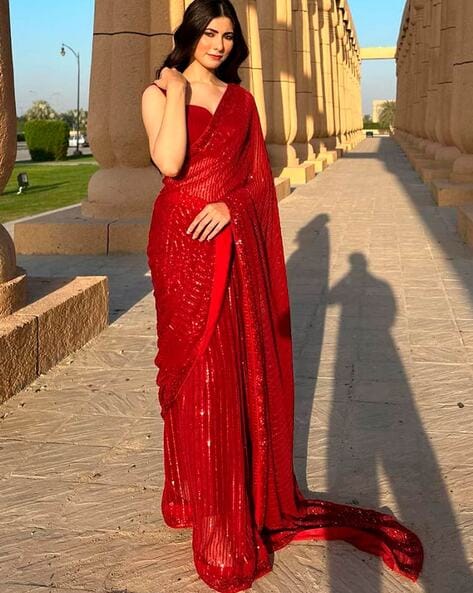 Glitter Saree Party Wear Red Colour