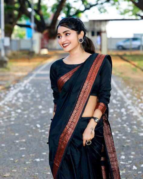 Buy Black Stonework Satin Saree - Koskii