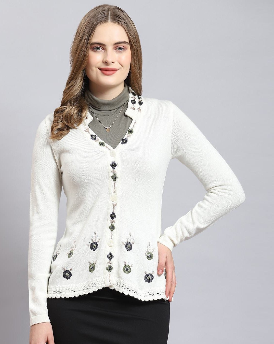 Women Embroidered Button-Front Cardigan