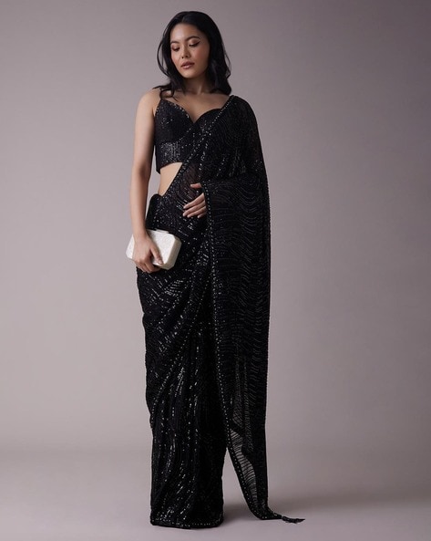 KALKI FASHION Printed Saree : Buy KALKI FASHION Jet Black Saree In Satin  with Unstitched Online | Nykaa Fashion