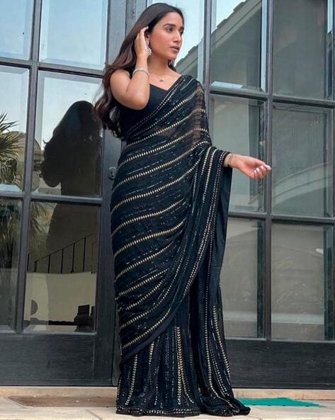 Buy Black Embellished Zardozi U Neck Ruffle Pre-draped Saree With Blouse  For Women by Stotram Online at Aza Fashions.