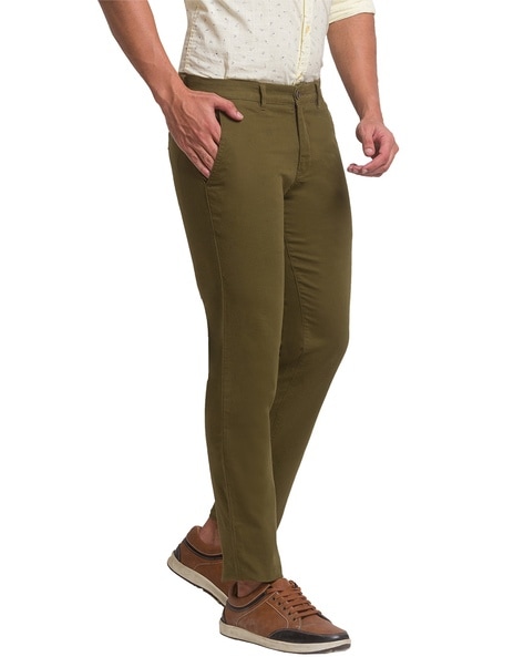 Men Olive Green Wrinkle Free 4-Way Lycra Cropped Fit Solid Chinos –  dennisonfashionindia