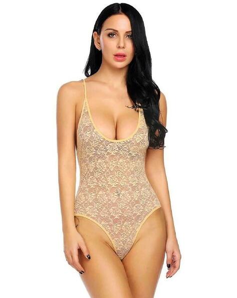 CUP'S-IN Women Floral Lace Scoop-Neck Bodysuit
