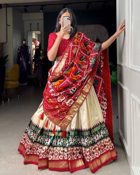 NAVRATRI SPECIAL RED & WHITE COLOR PRINTED SEMI-STITCHED LEHENGA,  UN-STITCHED BLOUSE , DUPATTA - Payal Creation - 4207006