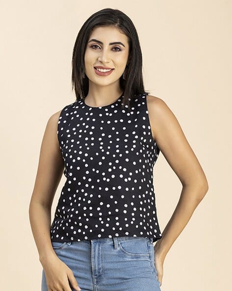 Ajio Polka Dot Black Blouse Buy Black Tops For Women By Moomaya Online