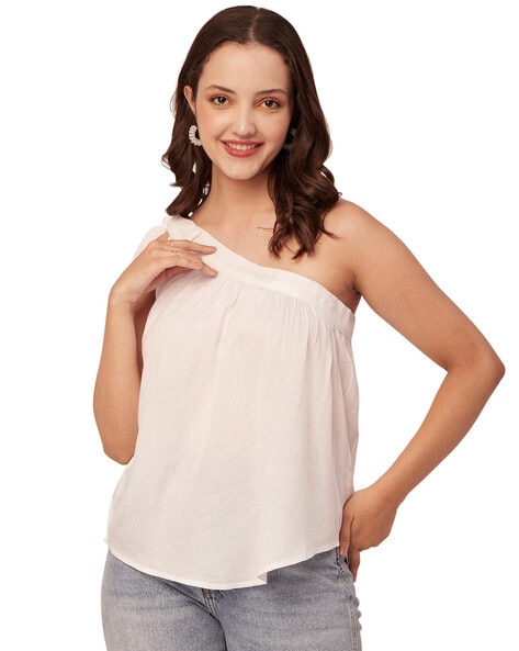 Buy online Ruffled Hem Asymmetric Top from western wear for Women