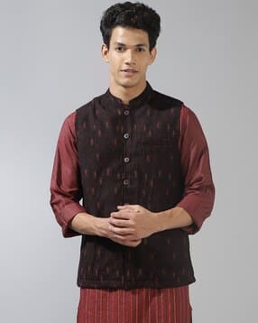 fabindia Men Woven Regular Fit Nehru Jacket with Welt Pockets-picture-10