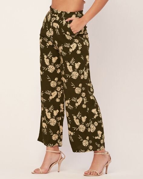 Buy YAWEIE Women's Linen Wide Leg Pants Casual Elastic Waist Loose Printed  Cropped Pants Lounge Trousers with Pocket, Ao/Black, Medium at Amazon.in